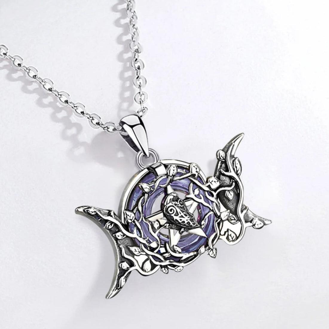 Triple Moon Goddess Necklace Purple Crystal Wiccan Moon Necklace 925 Silver Pagan Jewelry-MoonChildWorld