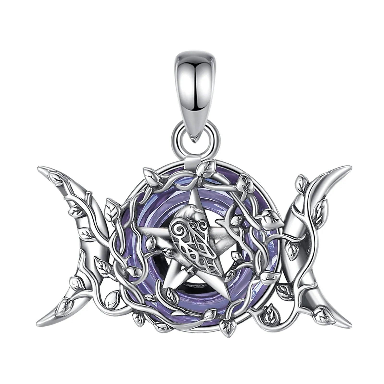Triple Moon Goddess Necklace Purple Crystal Wiccan Moon Necklace 925 Silver Pagan Jewelry-MoonChildWorld