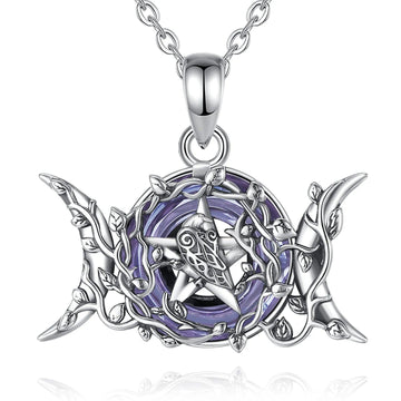 Triple Moon Goddess Necklace Purple Crystal Wiccan Moon Necklace 925 Silver Pagan Jewelry-MoonChildWorld