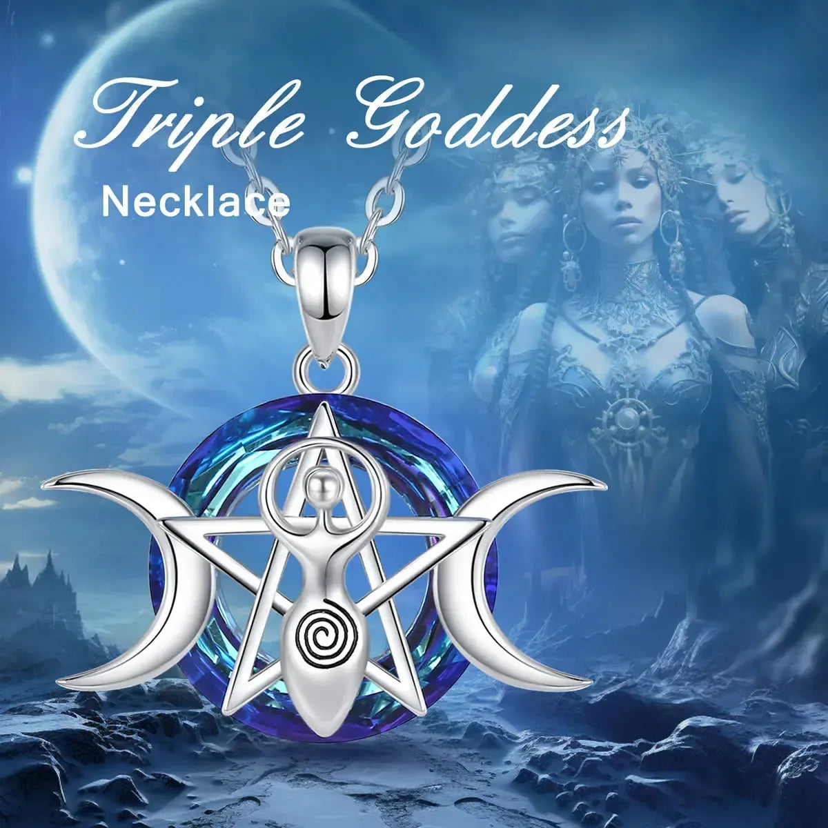 Triple Moon necklace with moonlit goddess artwork