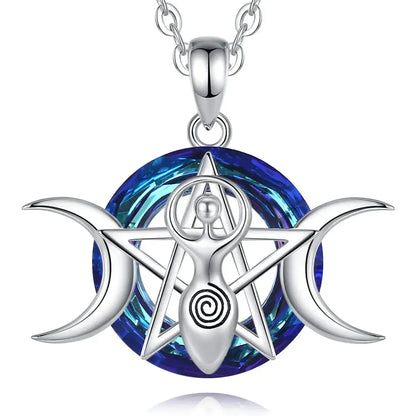 Triple Moon goddess pendant with pentagram and blue crystal