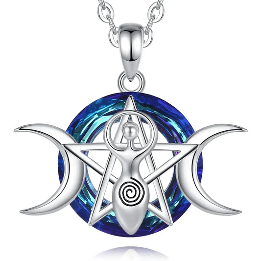Triple Moon goddess pendant with pentagram and blue crystal