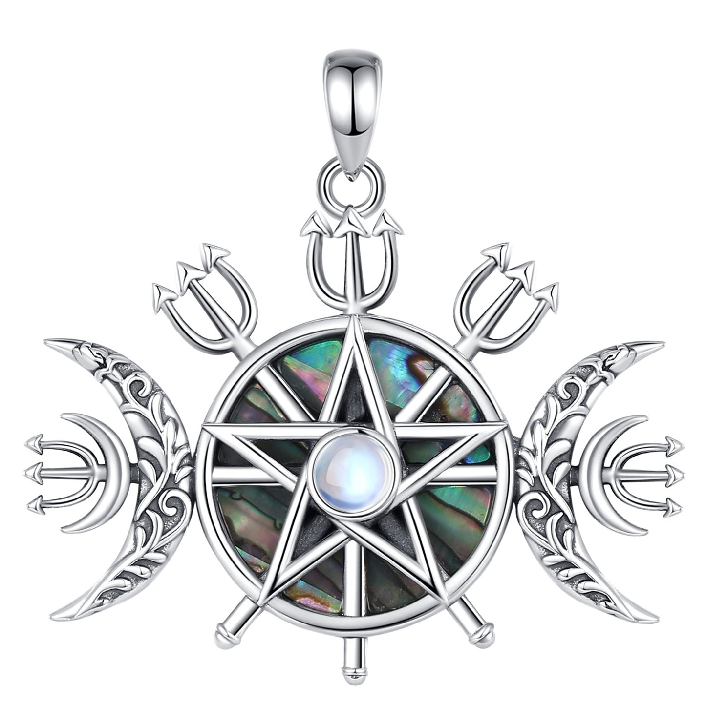 Exquisite 925 Sterling Silver Triple Moon Goddess Necklace with iridescent abalone, pentagram, and moonstone.