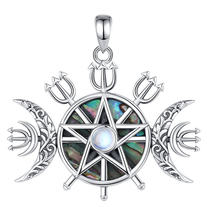 Exquisite 925 Sterling Silver Triple Moon Goddess Necklace with iridescent abalone, pentagram, and moonstone.