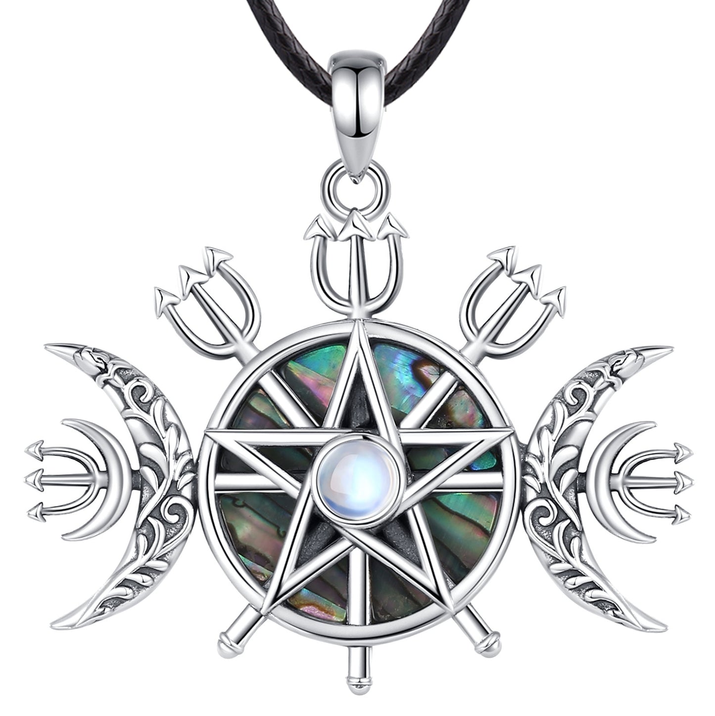 Exquisite 925 Sterling Silver Triple Moon Goddess Necklace with iridescent abalone, moonstone, and Lilith Sigil.