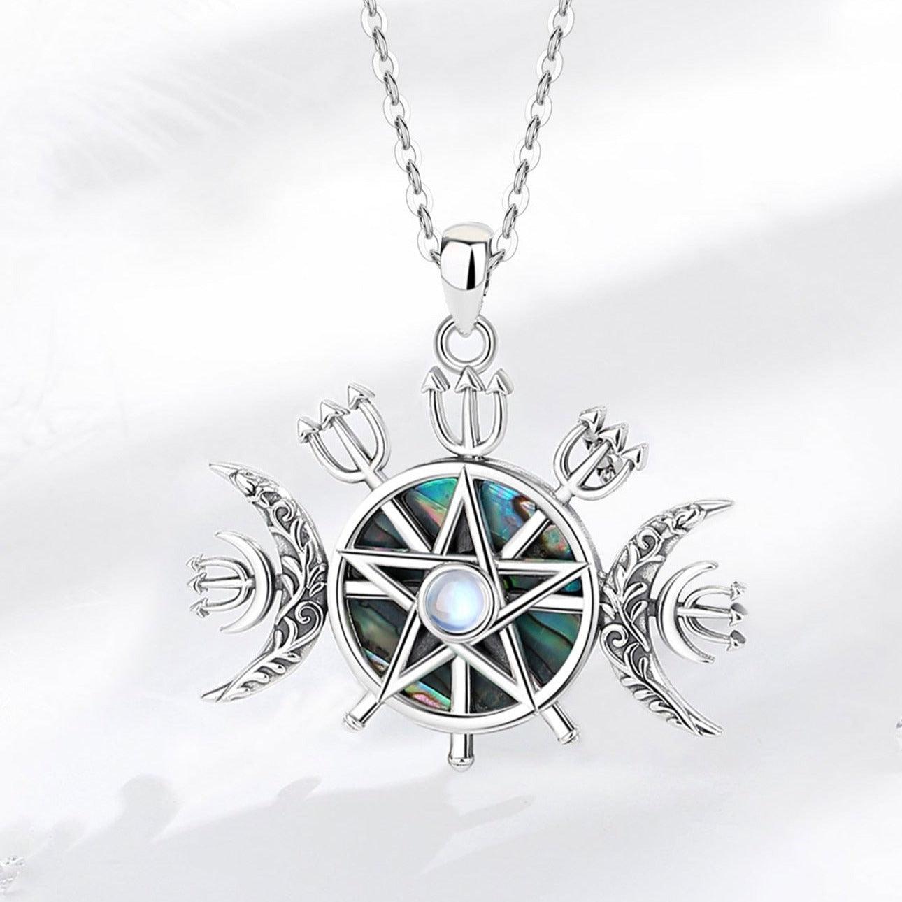 Exquisite 925 Sterling Silver Triple Moon Goddess Necklace with Lilith Sigil, abalone inlay, and moonstone.