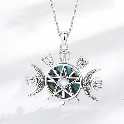 Exquisite 925 Sterling Silver Triple Moon Goddess Necklace with Lilith Sigil, abalone inlay, and moonstone.
