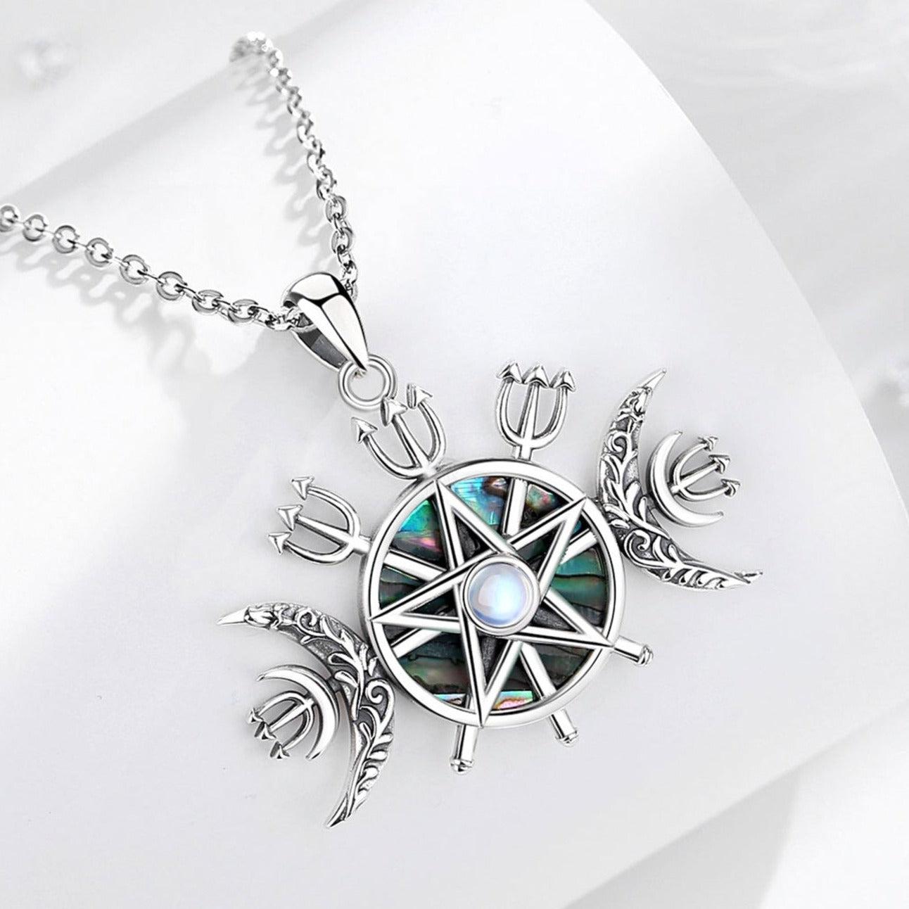 Exquisite 925 Sterling Silver Triple Moon Goddess Necklace with Lilith Sigil, iridescent abalone, and moonstone.