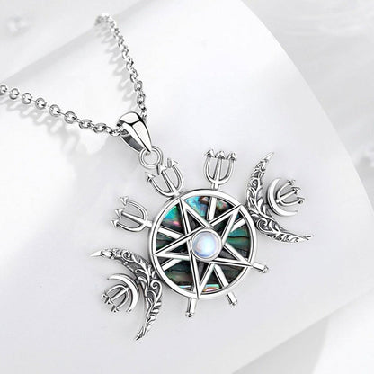 Exquisite 925 Sterling Silver Triple Moon Goddess Necklace with Lilith Sigil, iridescent abalone, and moonstone.