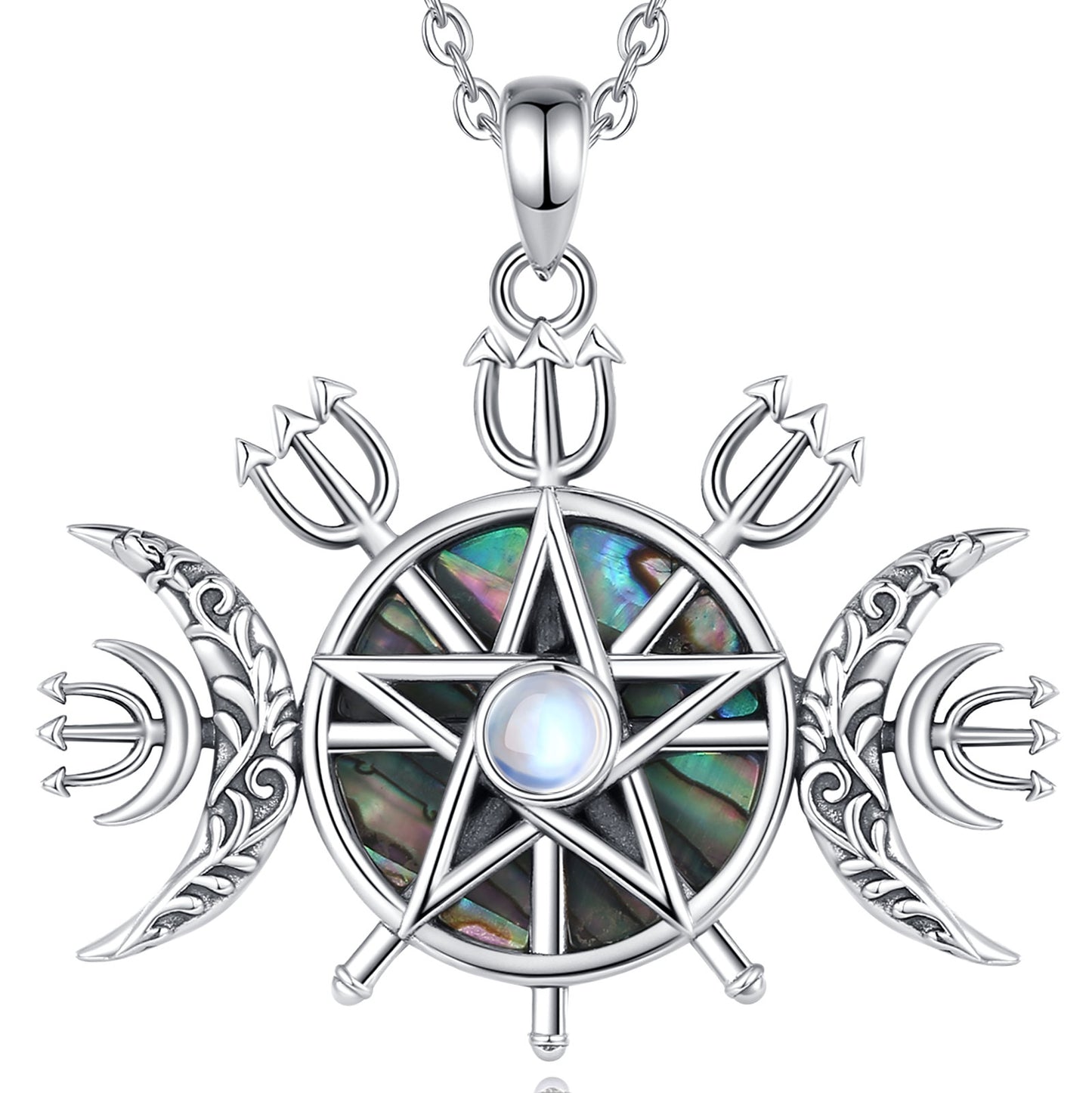 Exquisite 925 Sterling Silver Triple Moon Goddess Necklace with iridescent abalone, Lilith Sigil, and moonstone.