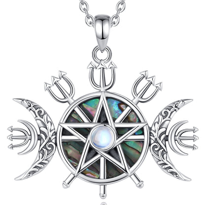 Exquisite 925 Sterling Silver Triple Moon Goddess Necklace with iridescent abalone, Lilith Sigil, and moonstone.