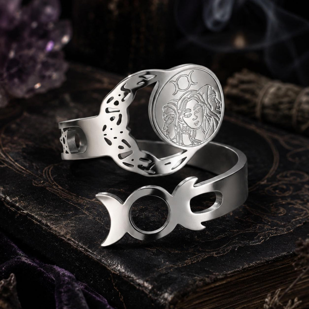 Triple Moon Goddess Open Ring Adjustable Wiccan Talisman Ring-MoonChildWorld