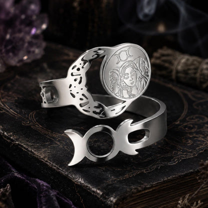 Triple Moon Goddess Open Ring Adjustable Wiccan Talisman Ring-MoonChildWorld