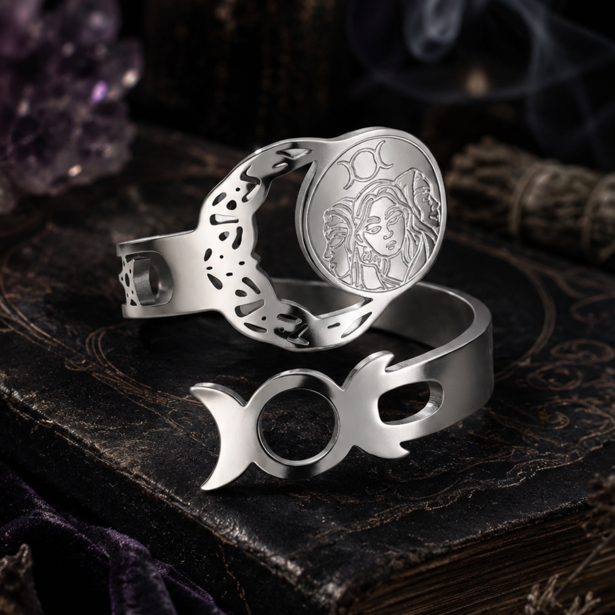 Triple Moon Goddess Open Ring Adjustable Wiccan Talisman Ring-MoonChildWorld