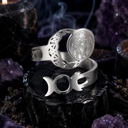 Triple Moon Goddess Open Ring Adjustable Wiccan Talisman Ring-MoonChildWorld