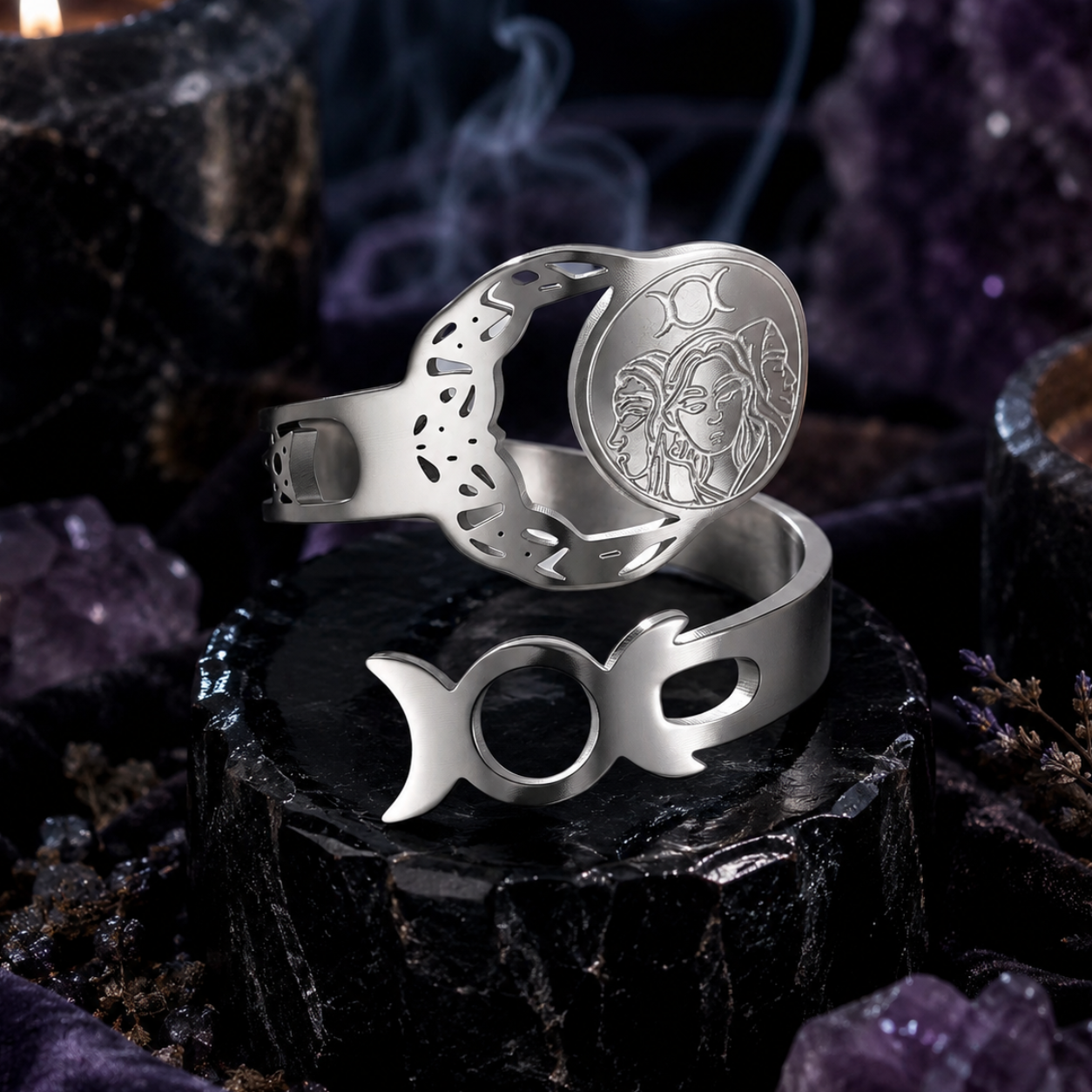 Triple Moon Goddess Open Ring Adjustable Wiccan Talisman Ring-MoonChildWorld
