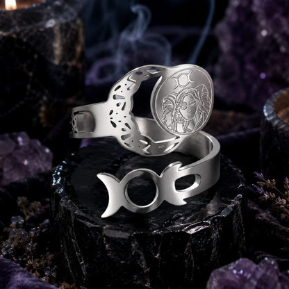 Triple Moon Goddess Open Ring Adjustable Wiccan Talisman Ring-MoonChildWorld