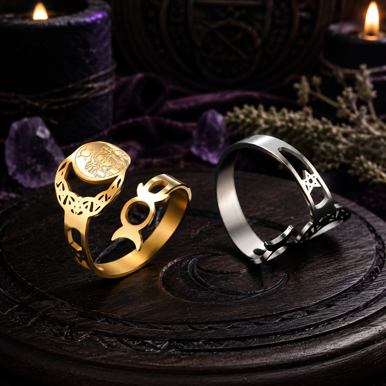 Gold and dark steel Triple Moon Goddess adjustable rings on a dark altar