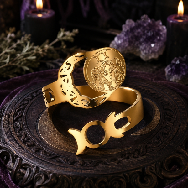 Triple Moon Goddess Open Ring Adjustable Wiccan Talisman Ring