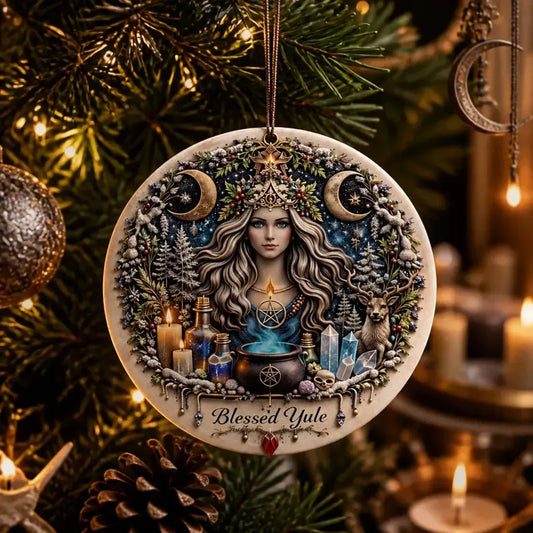 Triple Moon Goddess Pagan Altar Yule Ceramic Ornament – Wiccan Christmas Home Decor_mockup_1.webp