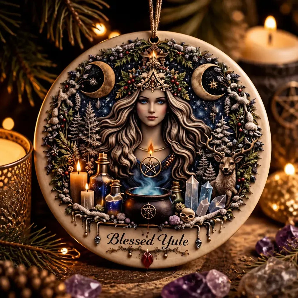 Triple Moon Goddess Pagan Altar Yule Ceramic Ornament – Wiccan Christmas Home Decor_mockup_2.webp