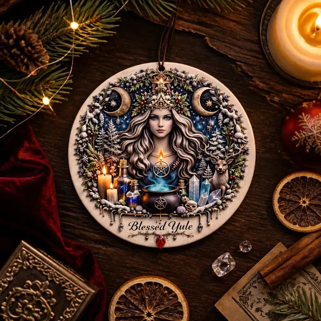 Triple Moon Goddess Pagan Altar Yule Ceramic Ornament – Wiccan Christmas Home Decor_mockup_3.webp