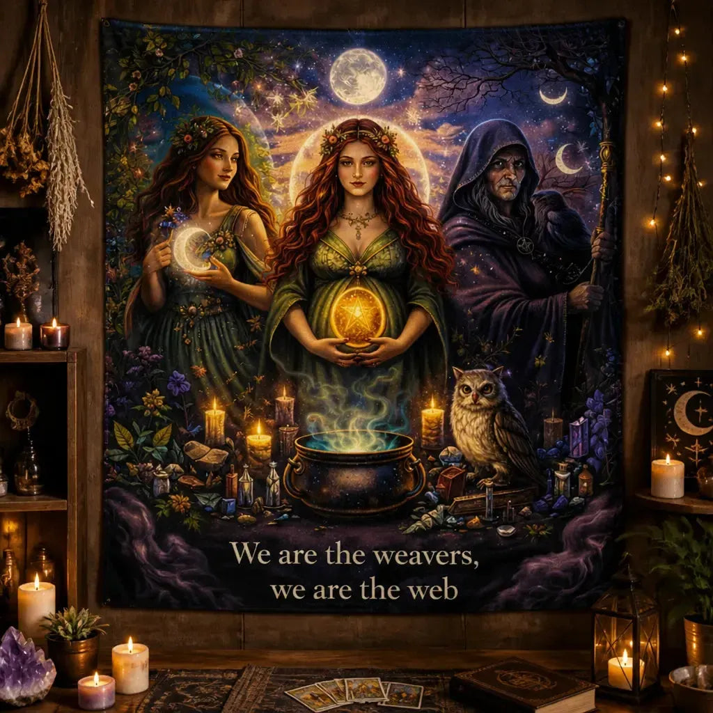 Triple Moon Goddess Pagan Tapestry - Wiccan Altar Wall Hanging_mockup_2.webp