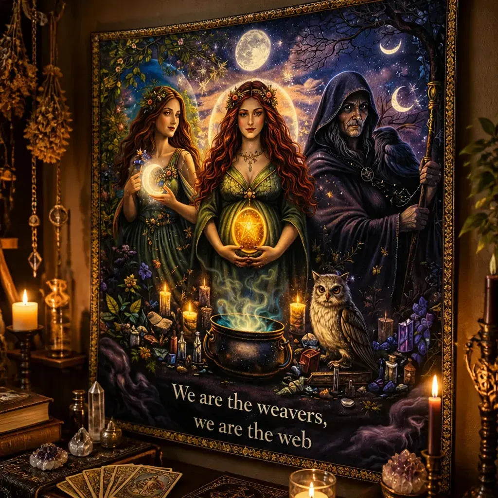 Triple Moon Goddess Pagan Tapestry - Wiccan Altar Wall Hanging_mockup_3.webp