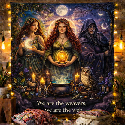 Mystical Triple Moon Goddess tapestry with three figures, cauldron, owl, and "We are the weavers, we are the web" text.