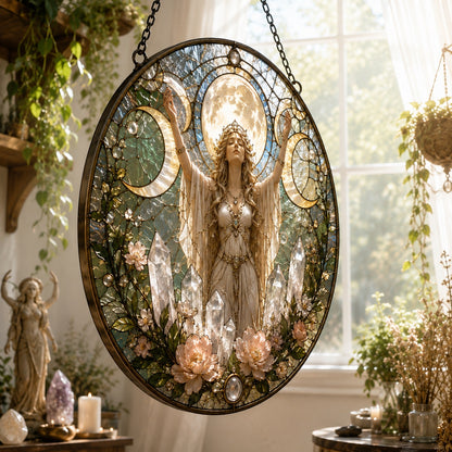 Triple Moon Goddess Quartz Crystal Glass Suncatcher - hanging view