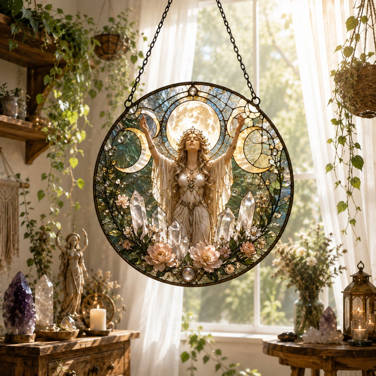 Triple Moon Goddess Quartz Crystal Glass Suncatcher - sunlight glow