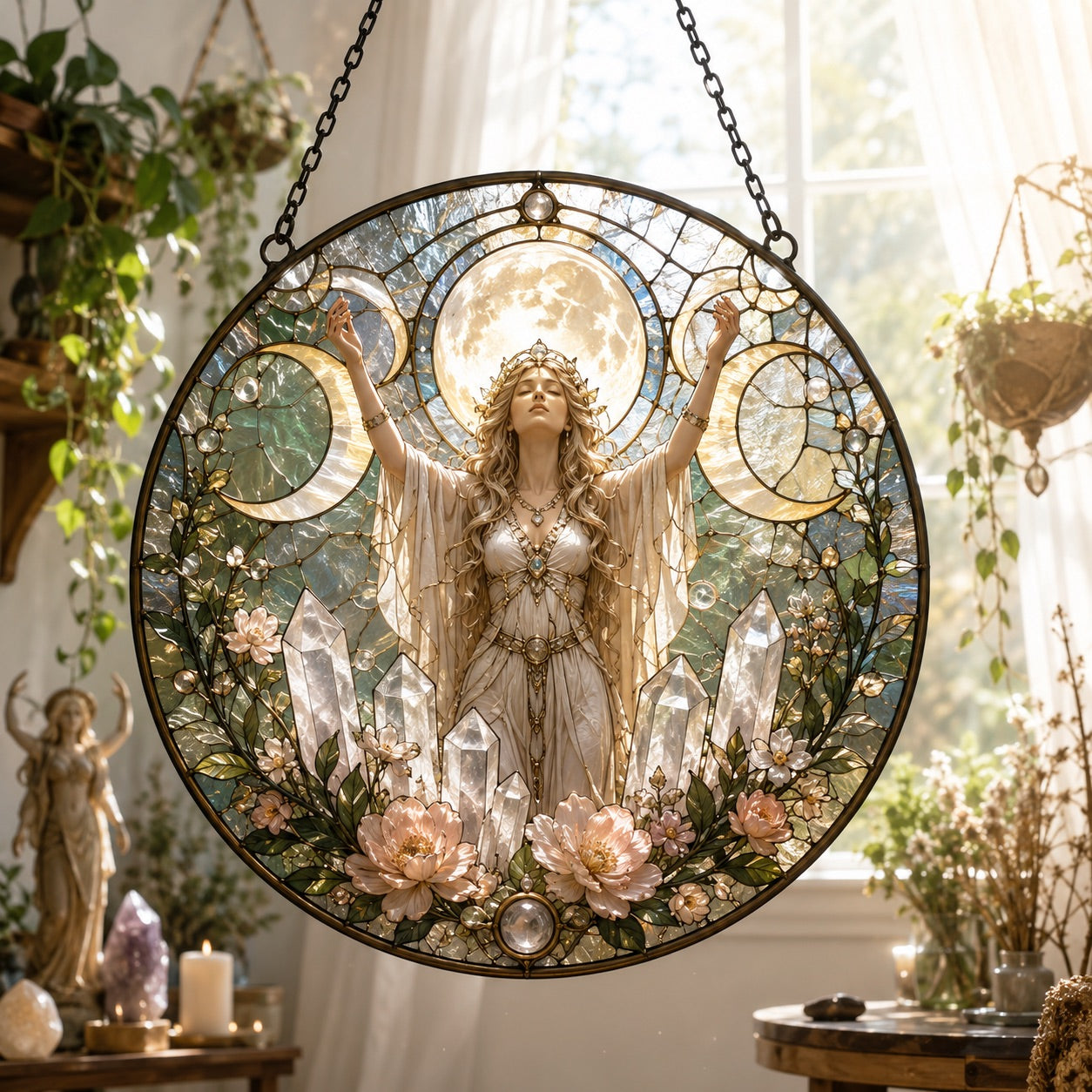 Triple Moon Goddess Quartz Crystal Glass Suncatcher - window display