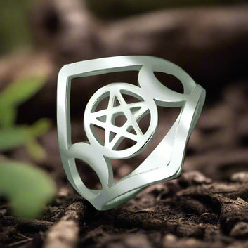 Triple Moon Goddess Ring Mythology Wicca Pentagram Ring Protection Witch Jewelry-MoonChildWorld