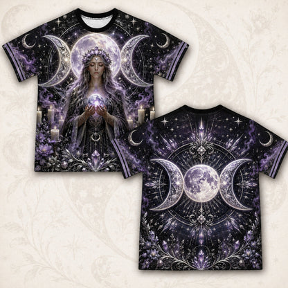Triple Moon Goddess T-Shirt Candle Crystal Silver Ritual Tee front and back together