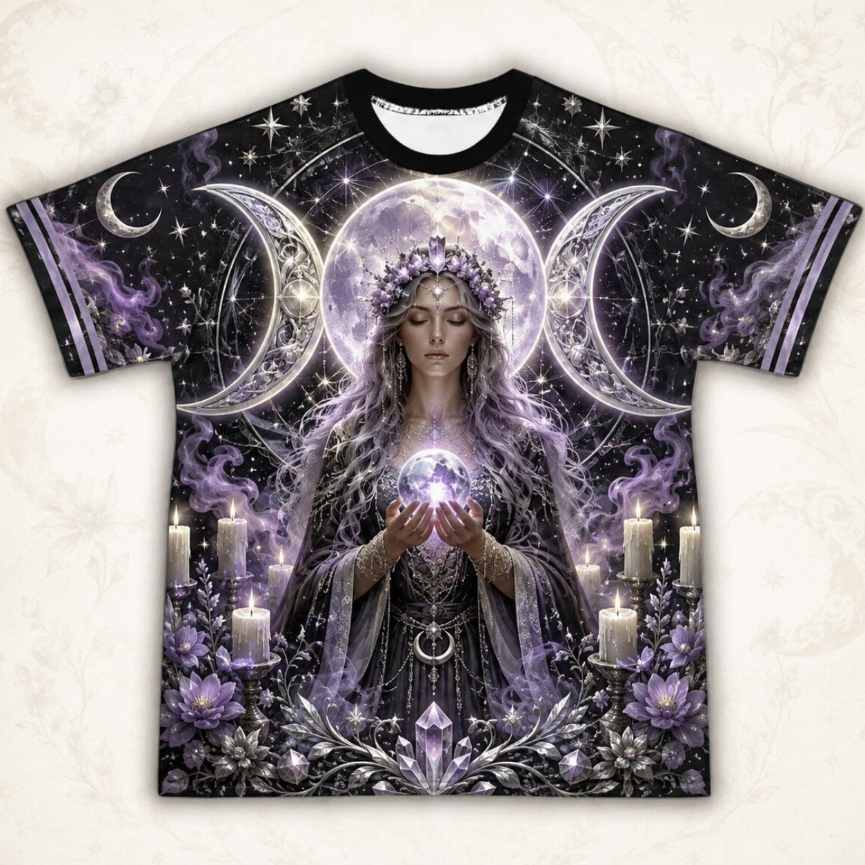 Triple Moon Goddess T-Shirt Candle Crystal Silver Ritual Tee front view