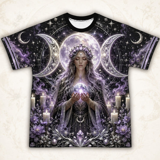 Triple Moon Goddess T-Shirt Candle Crystal Silver Ritual Tee front view