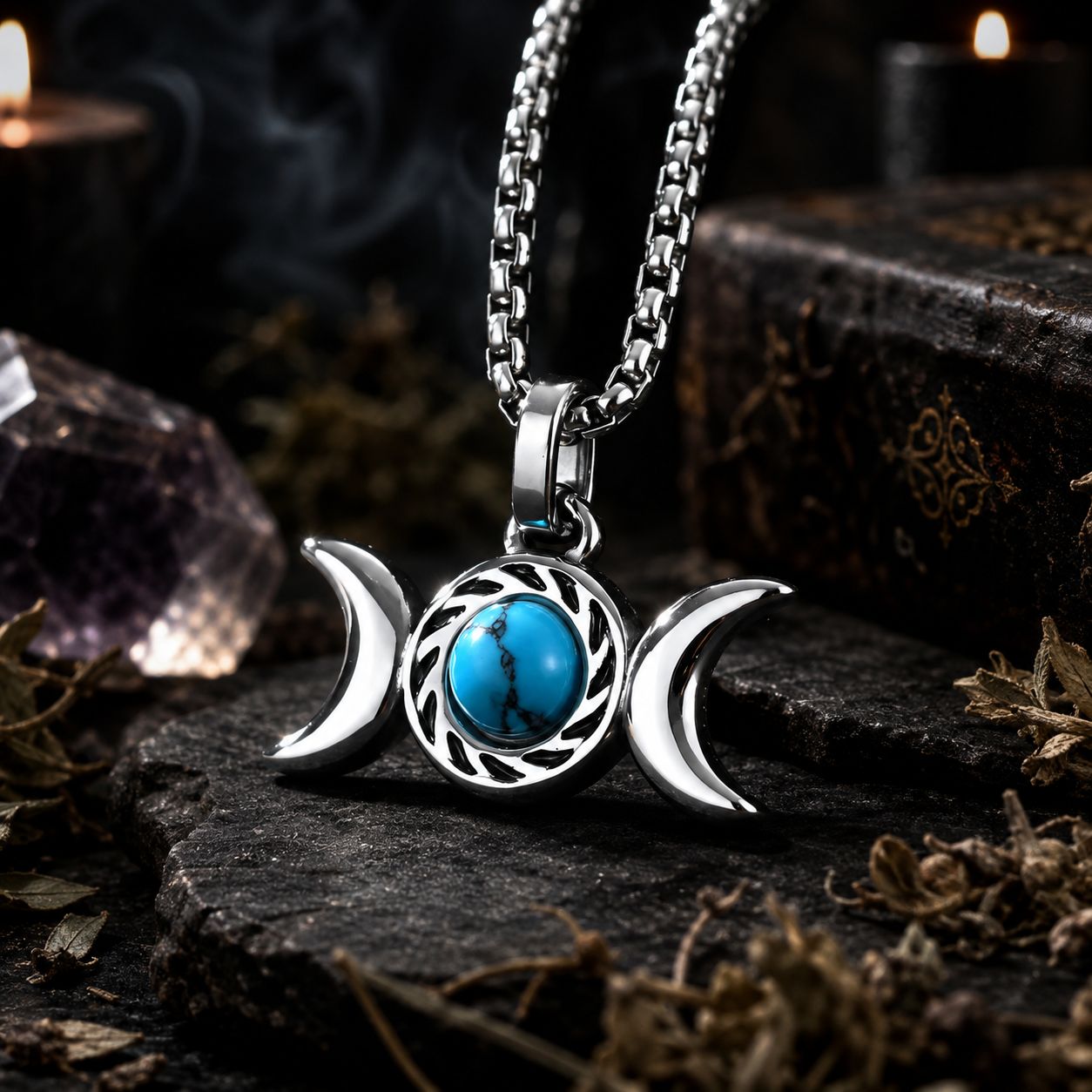 Triple Moon Goddess Turquoise Necklace Amulet Pendant-MoonChildWorld
