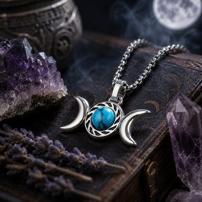 Triple Moon Goddess Turquoise Necklace Amulet Pendant-MoonChildWorld
