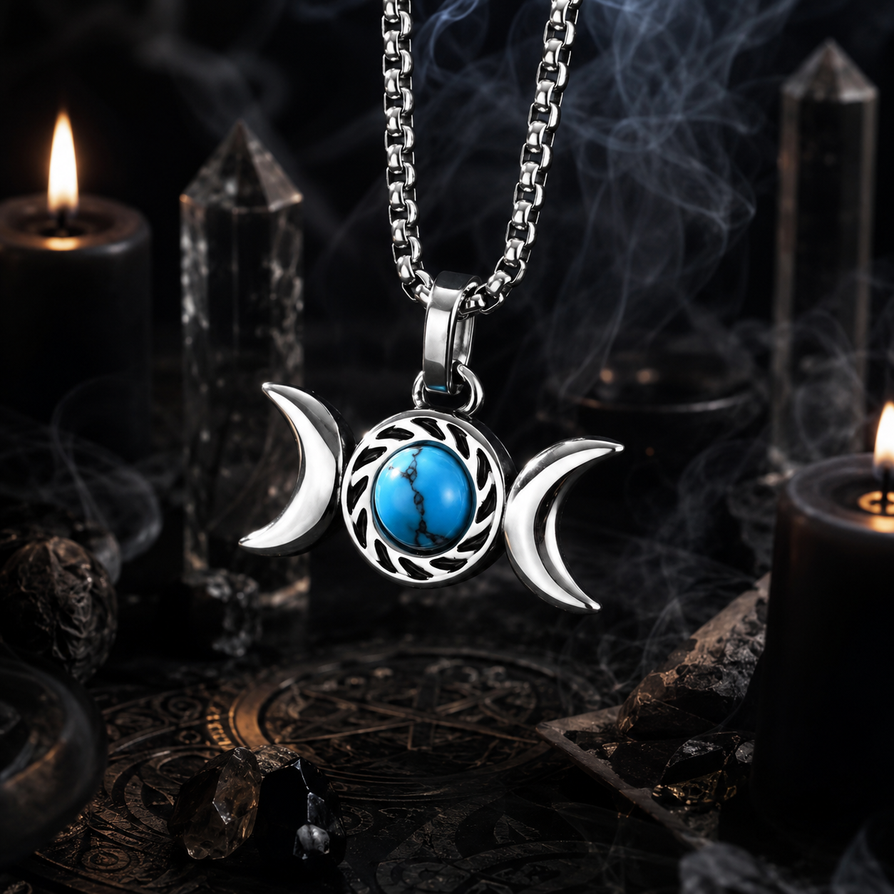 Triple Moon Goddess Turquoise Necklace Amulet Pendant-MoonChildWorld