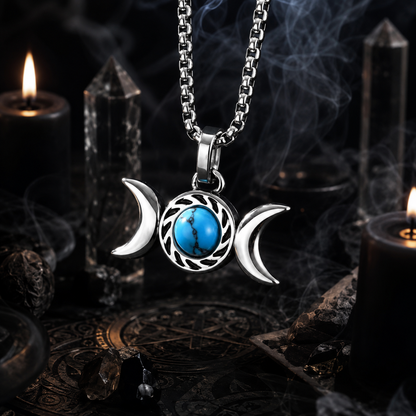Triple Moon Goddess Turquoise Necklace Amulet Pendant-MoonChildWorld