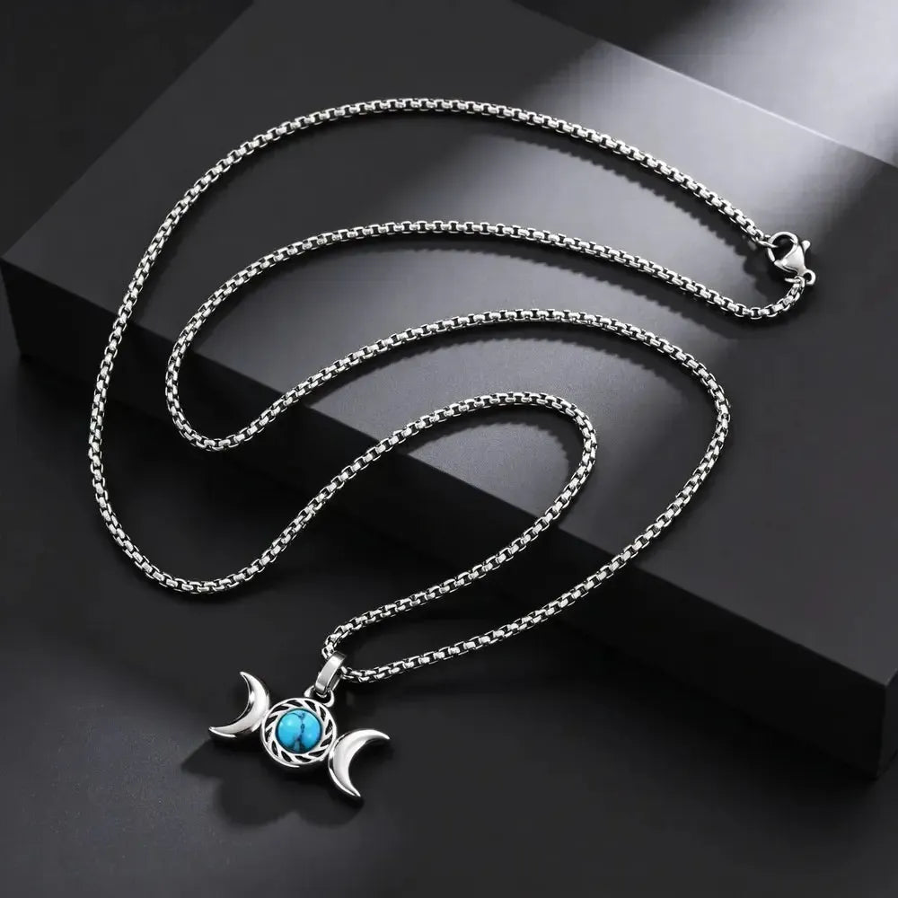 Triple Moon Goddess Turquoise Necklace Amulet Pendant-MoonChildWorld