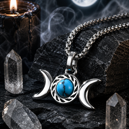 Triple Moon Goddess Turquoise Necklace Amulet Pendant-MoonChildWorld