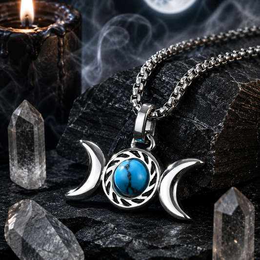 Triple Moon Goddess Turquoise Necklace Amulet Pendant-MoonChildWorld