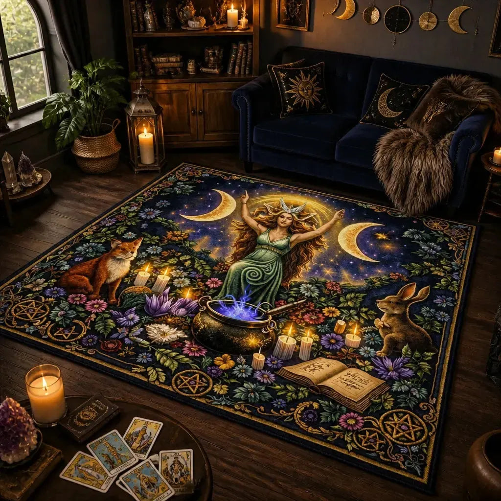 Triple Moon Goddess Wicca Area Rug – Pagan Spiral Goddess Carpet for Altar Decor_mockup_1.webp