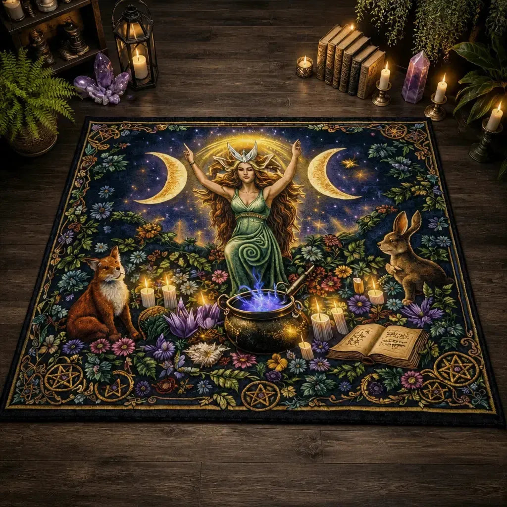Triple Moon Goddess Wicca Area Rug – Pagan Spiral Goddess Carpet for Altar Decor_mockup_2.webp