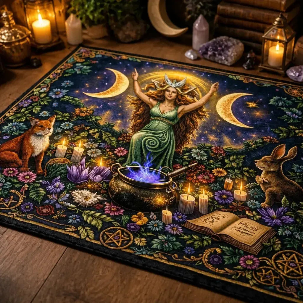 Triple Moon Goddess Wicca Area Rug – Pagan Spiral Goddess Carpet for Altar Decor_mockup_3.webp