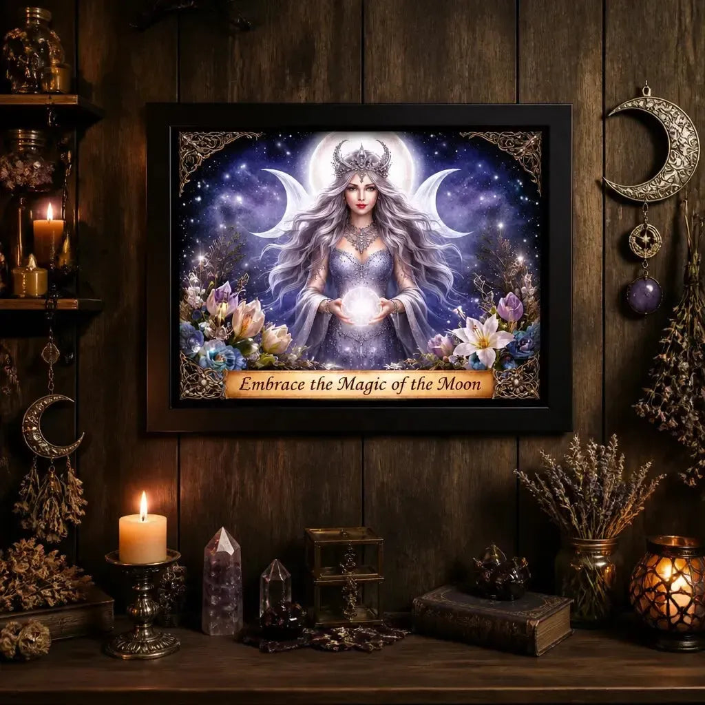Triple Moon Goddess Wicca Decor - Black Framed Witchy Canvas Print for Pagan Sacred Space_mockup_2.webp