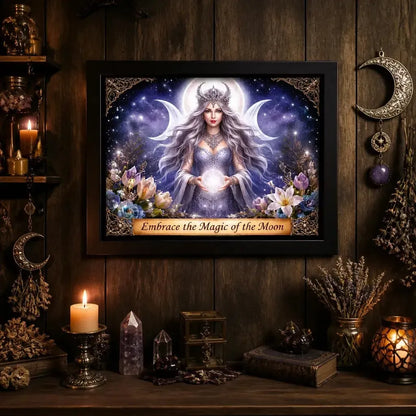 Triple Moon Goddess Wicca Decor - Black Framed Witchy Canvas Print for Pagan Sacred Space_mockup_2.webp
