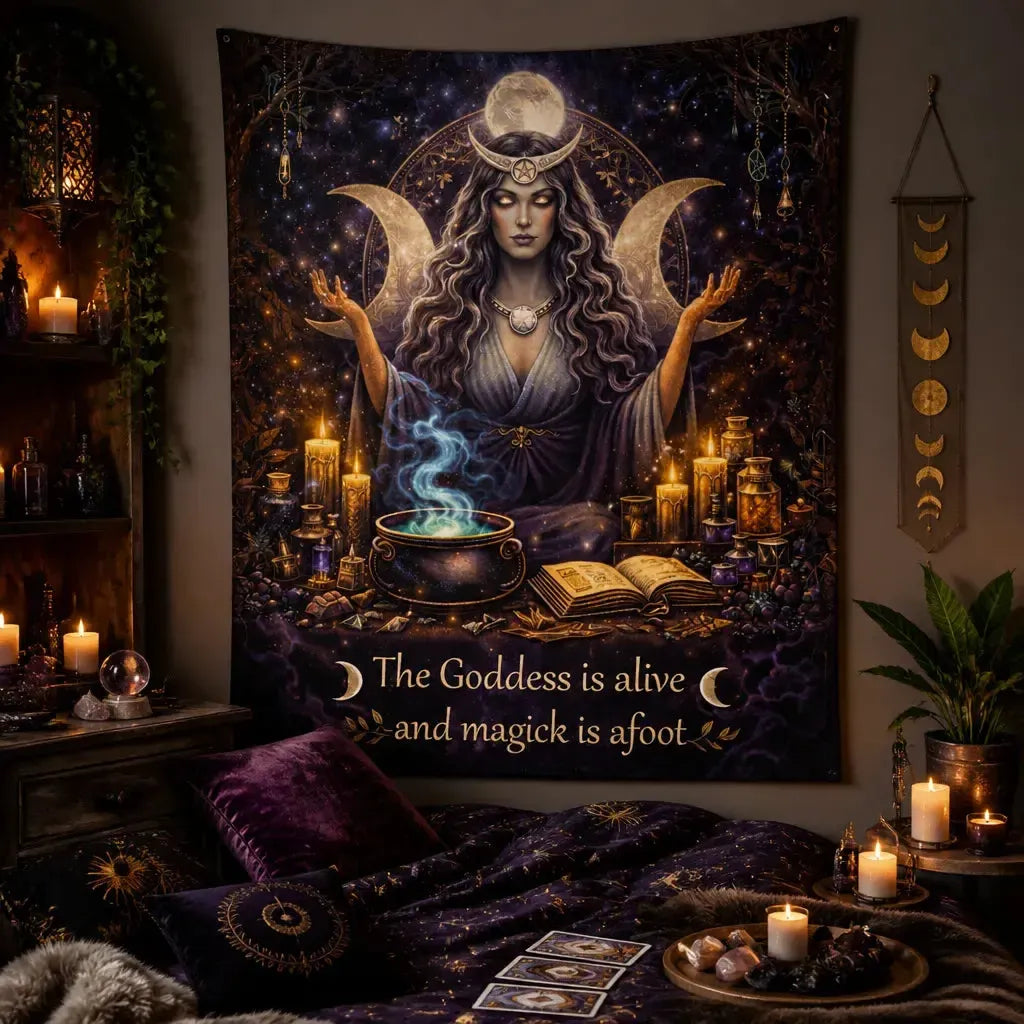 Triple Moon Goddess Wicca Tapestry – Pagan Spiritual Altar Wall Hanging_mockup_1.webp