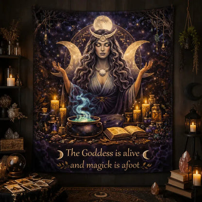 Triple Moon Goddess Wicca Tapestry – Pagan Spiritual Altar Wall Hanging_mockup_2.webp